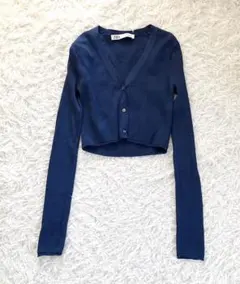 ZARA 美品✨ネイビー クロップドカーディガン ロングスリーブ S