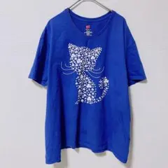 ヘインズ 猫柄 Tシャツ クルーネック 半袖 XL 青 お出かけ ビッグサイズのサムネイル