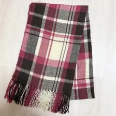 チェック柄 マフラー ピンク ブラウン ホワイト 白 フリンジ付き
