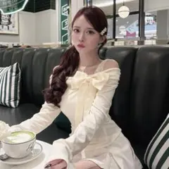 《残り2点》elmyu肩レースリボンオフショルトップス S 白 フレンチガーリー