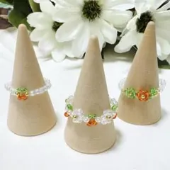 オレンジのさくらんぼとお花のビーズリング　指輪　3個セット　ハンドメイド