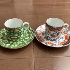 【新品未使用】デミタスカップセット 花柄 緑系・ホワイト＆ブルー系　伊万里焼