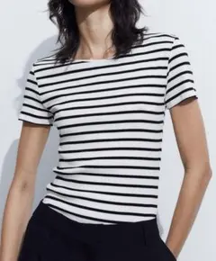 H&M ボーダー 半袖 Tシャツ リブ Lサイズ