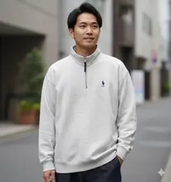 ユーエスポロアッスン　ハーフジップ　スウェット　ワンポイント　ロゴ　グレー　L