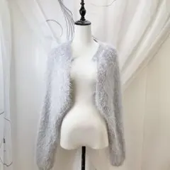 美品 シャギー リブ編み クロップド丈 長袖カーディガン ボレロ