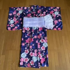 花柄ネイビー浴衣女の子130cm帯セット