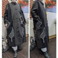 縞絣と半纏からの前開きワンピースコート　　　古布リメイク