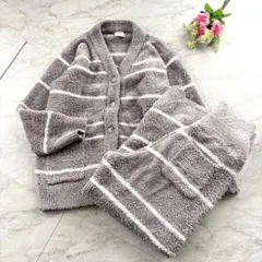 ジェラートピケ ルームウェア上下 ボーダー グレー F ふわふわ部屋着もこもこ