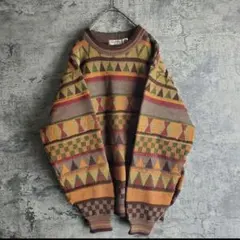 【ヴィンテージ】古着 ニット セーター 総柄 アースカラー ブラウン 緑 レトロ