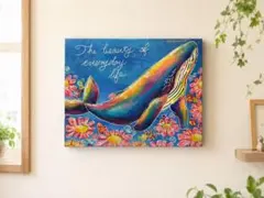 カラフルなクジラの原画 F3号キャンバス 現代アート 絵画 手描き