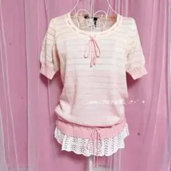 ボーダーニット半袖♡姫カジウィッシュコアレースリボン♡リズリサ系のサムネイル