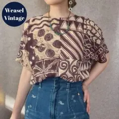 ヴィンテージ レトロ古着 総柄ノーカラーブラウス 半袖 エスニック 日本製