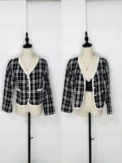 チェック柄ボタン付きカーディガン / Black Coat