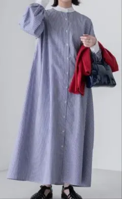 Bonjour Sagan ロング シャツ ワンピース ストライプ バンドカラー