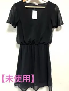 【未使用タグ付】H&M フレアスリーブミニワンピース　Vネック　黒　36