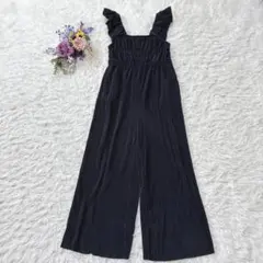 ワイドレッグサロペット　オールインワン　フリルストラップ　とろみ素材　黒　M
