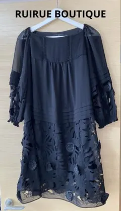 シルク 100%花モチーフレースワンピ XLゆったりブラック フォーマル【美品】