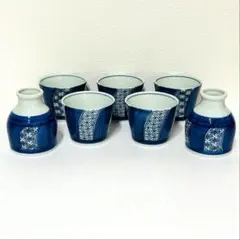 ⭐️ 有田焼 三峰窯 染付 四方襷七宝紋 蕎麦猪口揃 5客 & 徳利 2本 ⭐️