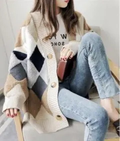 アーガイル オーバーサイズ ボア ニットカーディガン