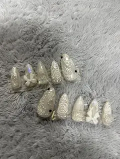 ブライダルネイル ホワイト花柄 ラメネイルチップ10個セット