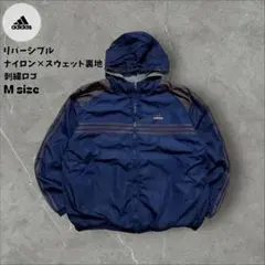 adidasリバーシブル裏地スウェット×ナイロンパーカーネイビー×グレー刺繍ロゴ