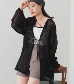 カスタネ カットレースカーディガン ブラックM