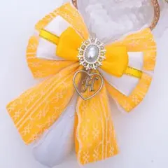 キンブレリボン ペンライトリボン 白レース×ハートチャーム 黄色 ★ハンドメイド