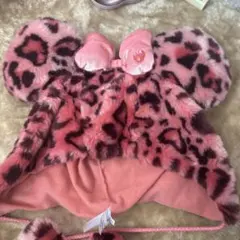 ミニーマウス風ヒョウ柄ファー帽子