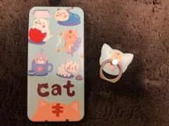 猫型のバンカーリング付いた猫柄 iPhone7、iPhone8 携帯ケース