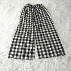 新品未使用モノトーンチェックウエストリボンコットンワイドイージーパンツM〜L