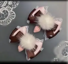ファー付いちご♡サテンリボン 茶ピンク　ヘアクリップ 量産型　地雷　ゴスロリ