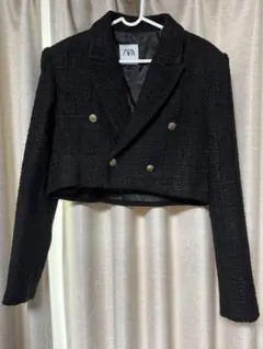 ZARA クロップド丈 ツイード ジャケット 黒 Mサイズ　【即日発送◎】