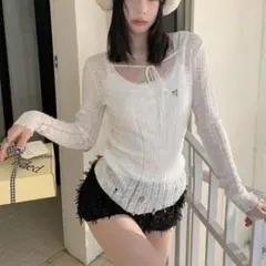 SHEIN シーイン トップス カーディガン ニット 長袖 シアー アプリコット