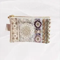 インド刺繍リボン【ミニポーチ】ベージュ