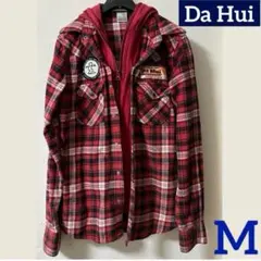 Da Hui長袖2wayフード付き ジップアップパーカー重ね着風シャツ赤メンズM