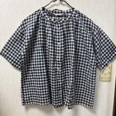 マッシュルーム　ギンガムチェック 半袖ブラウス ネイビーLサイズ　未使用のサムネイル