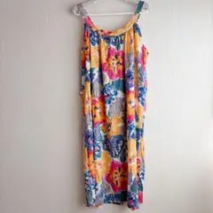 ヴィンテージ ロングワンピース 花柄 ノースリーブ 裾フレア M〜L