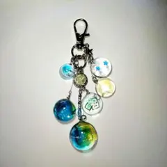 141　蒼の軌道　青黄×シルバー　じゃらじゃらキーホルダー　天体　宇宙