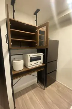 食器棚 レンジ台 キッチン収納 木目調×ブラック 耐震突っ張り付き 引き取り歓迎