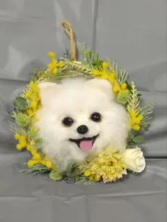 羊毛フェルト　犬　ポメラニアン　ミモザ リース