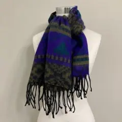 幾何学模様 ストール 紫 緑 青 フリンジ レディース マフラー 防寒 ニット