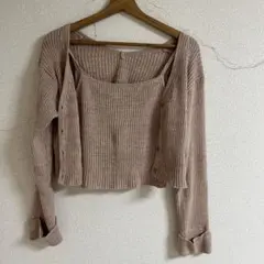 キャミソール カーディガン クロップド丈 短丈 春服 ピンク くすみ