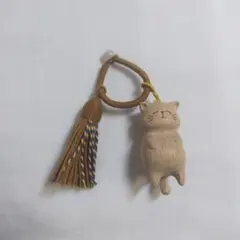 木彫り 猫モチーフ バッグチャーム ④タッセル付き 和風 ナチュラル
