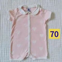 プチバトー　6m/67cm　70　ハート柄　半袖ロンパース　ピンク　#438