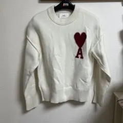 アミパリス ニット 白 クルーネック ハート刺繍 ロゴ セーター 男女兼用