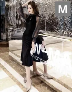 【新品級】シースルー袖 マーメイド 黒 ワンピース エレガント ロングドレス