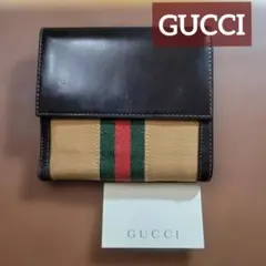 GUCCI 二つ折り財布 ブラウンベージュ地　グリーン✕レッド　シェリーライン
