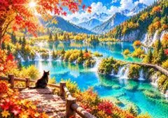アートポスター 猫 紅葉 湖 風景画 インテリア