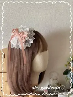 ♡ホワイトダブルレースピンクリボンローズ 円形ヘッドドレスロリータ量産型ゴスロリ
