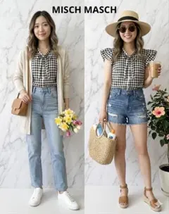 MISCH MASCH ギンガムチェックブラウス リボン フリル袖 M